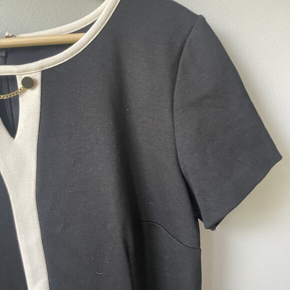 TALBOTS PONTE KNIT DRESS SIZE 6-BLACK-IVORY TRIM-BACK ZIP & SLIT-SHORT SLEEVES - Picture 9 of 11